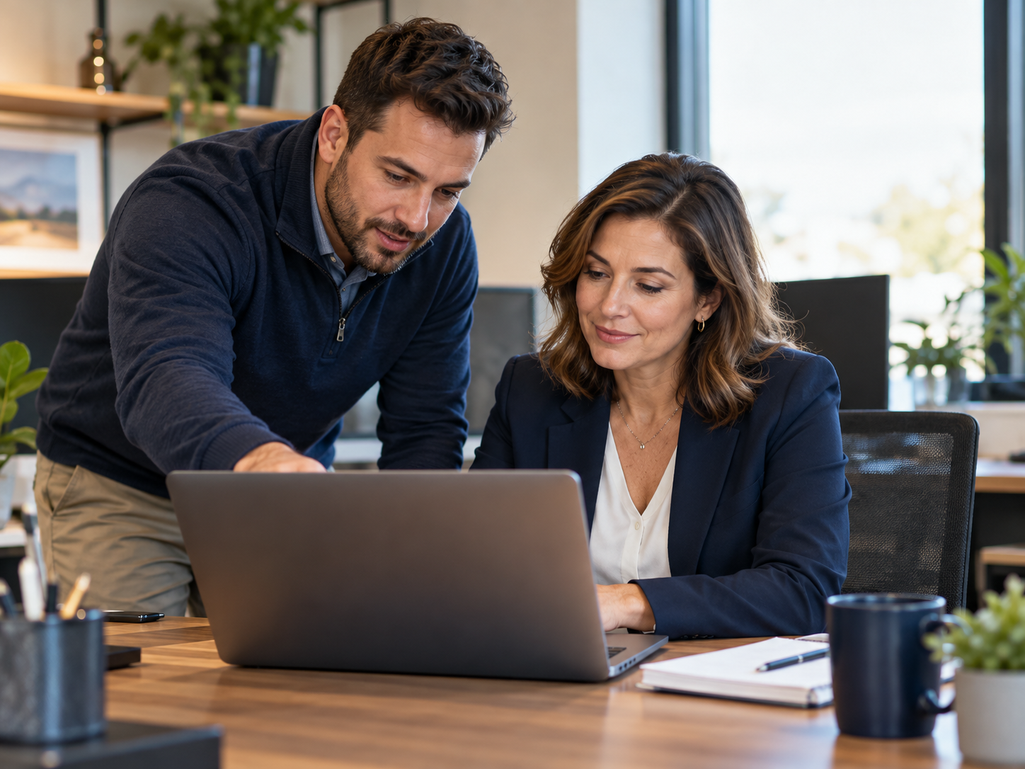 A Vanguard technician helping a business owner at her desk